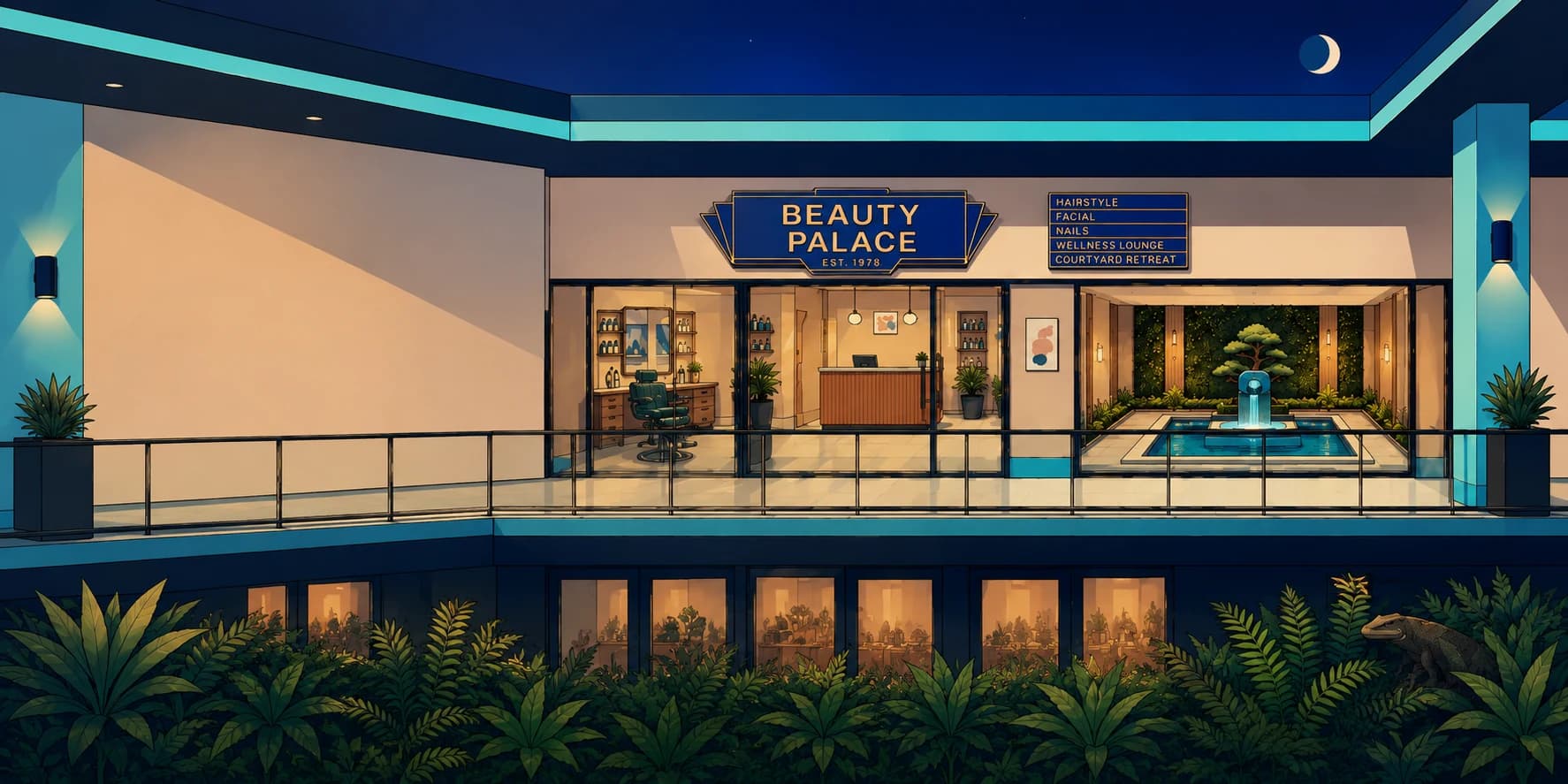A calm night-time business environment with illuminated work areas and connected operational spaces.