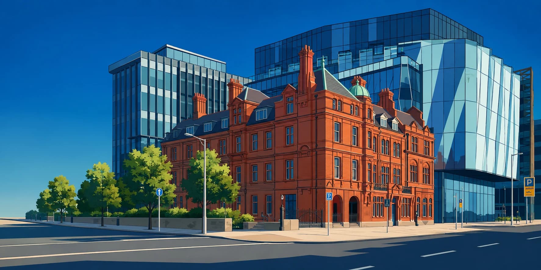 Historic and modern Dublin architecture arranged as a structured urban data landscape.