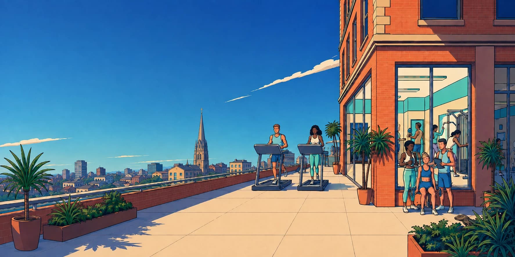 An illustrated rooftop fitness environment with trainers, members, Dublin architecture, and integrated digital tools.