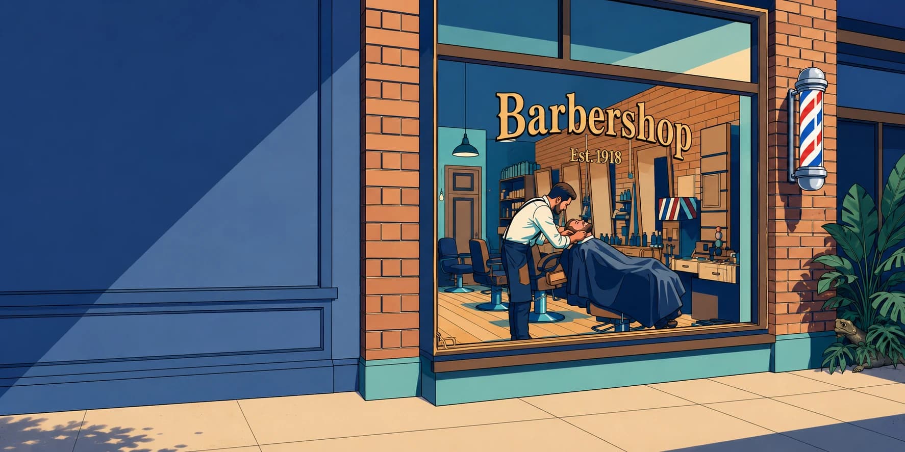 An illustrated contemporary barbershop storefront with a barber at work and a subtle Komodo hidden in the planting.