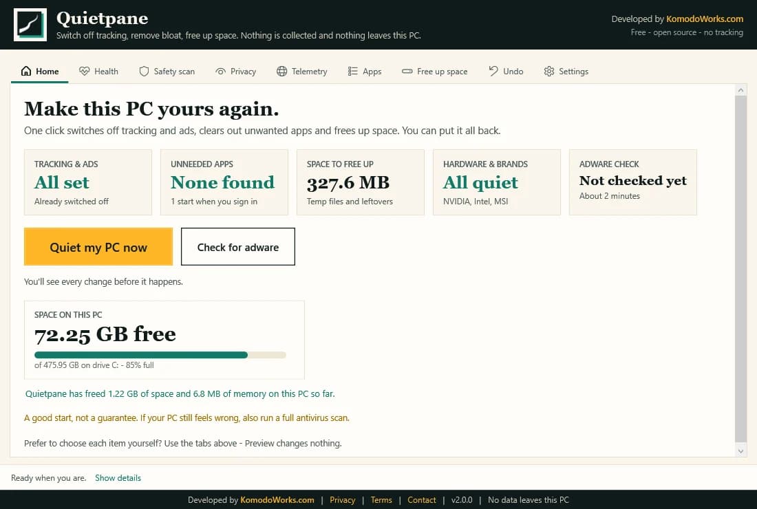Quietpane's Home screen: summary cards for tracking and ads, unneeded apps, space to free up, hardware and an adware check, with buttons to quiet the PC or check for adware.