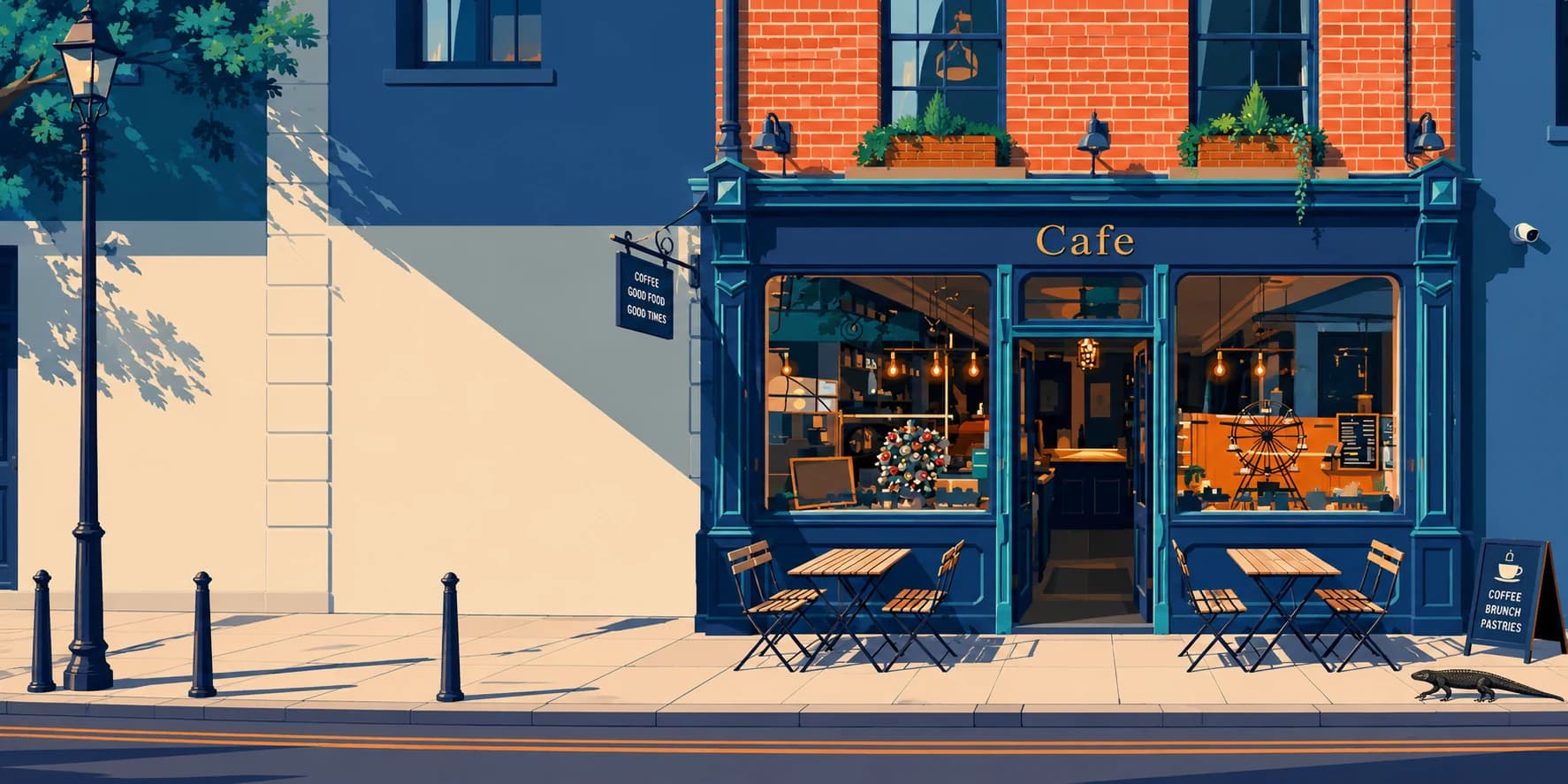 A sunlit independent café storefront with digital ordering and point-of-sale details integrated into the business.